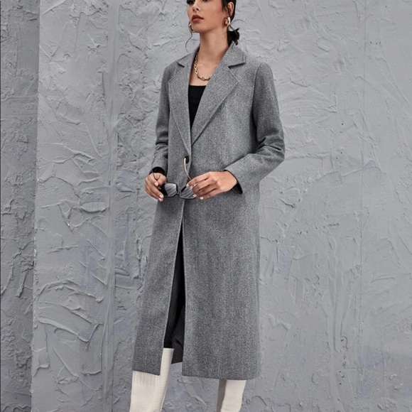 Gray peacoat long trench jacket classic coat - Picture 3 of 5